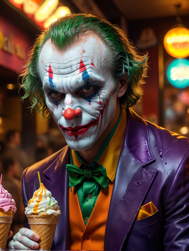 A portrait of the sad joker looking sad in an ice cream shop, in the style of a cartoon, bright and saturated colors, depth of field