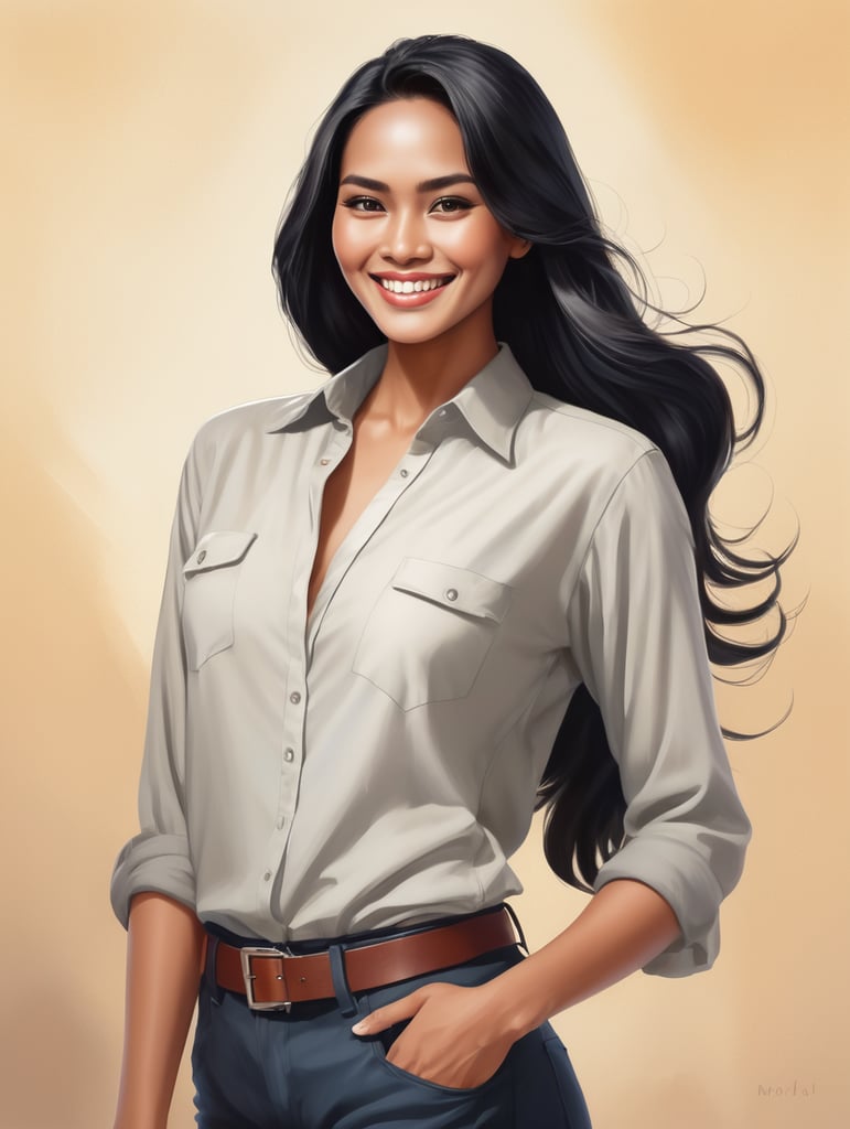 indonesian woman, wearing an unbuttoned shirt, smiling, long black hair