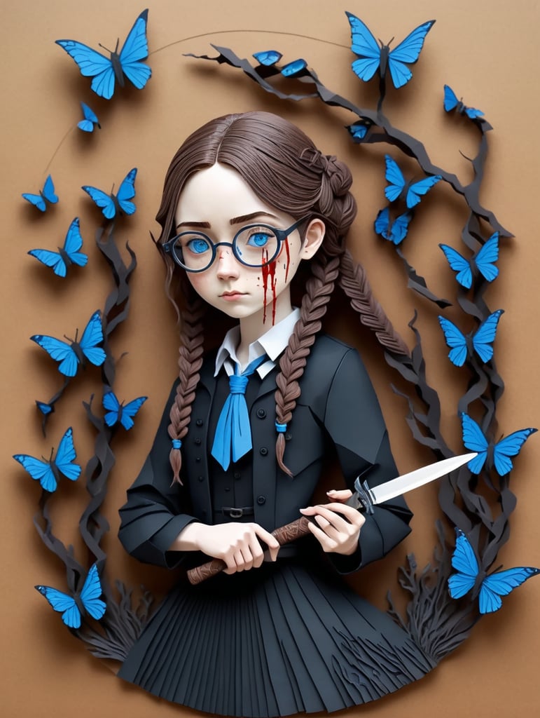 Anime, Brown hair long braided, blue eyes, glasses, holding knife, blood stained black clothes, 1girl, white skin, noose, graveyard, blue butterflies, creepy