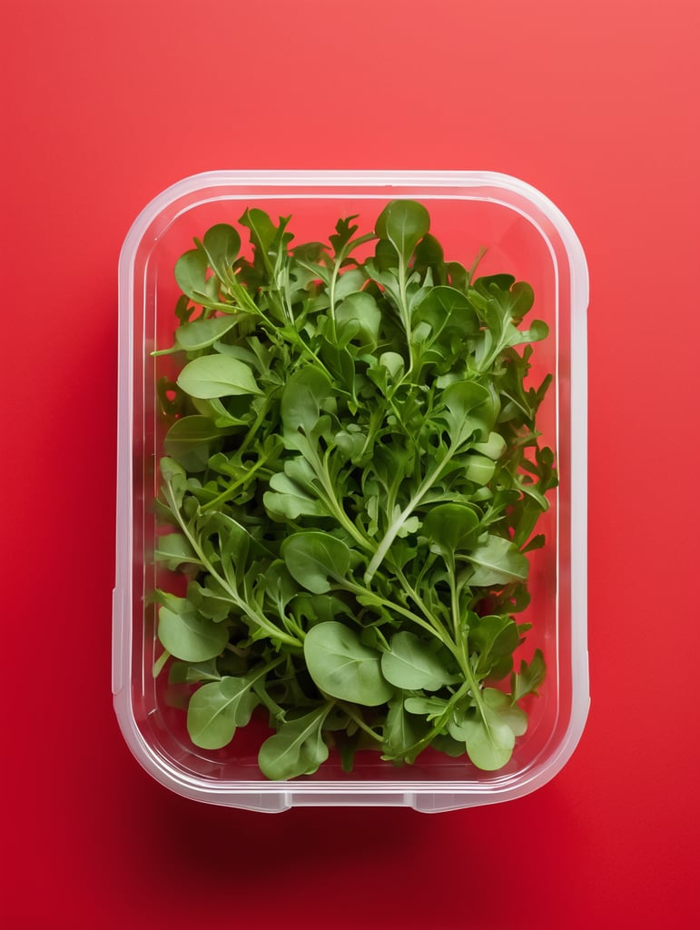 blank Transparent Plastic Container with Arugula Salad, isolated, red background, Mockup, mock up