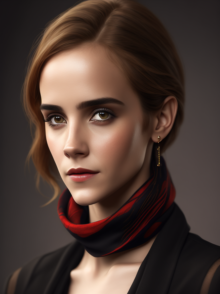 Portrait of Emma Watson wearing black blouse with red scarf, ultra realistic