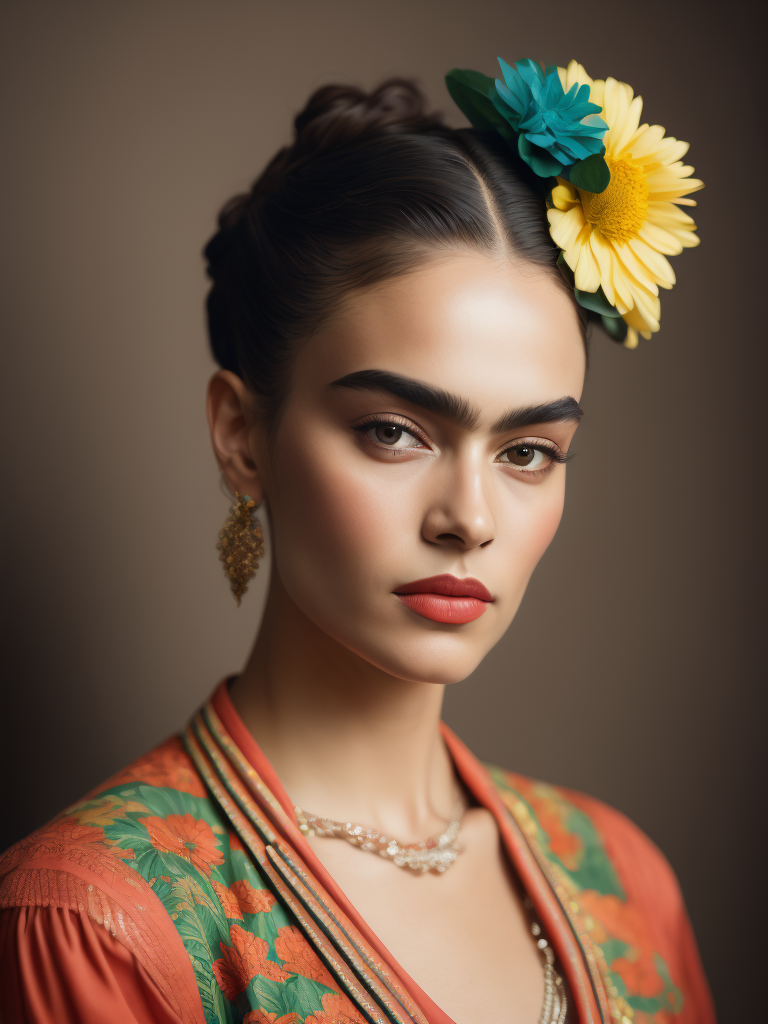 Portrait of Frida kahlo, bright and saturated colors, elegant, highly detailed, vogue, fashion magazine, sharp focus, Bright expressive makeup, Dramatic Lighting, Depth of field, Incredibly high detailed, blurred background