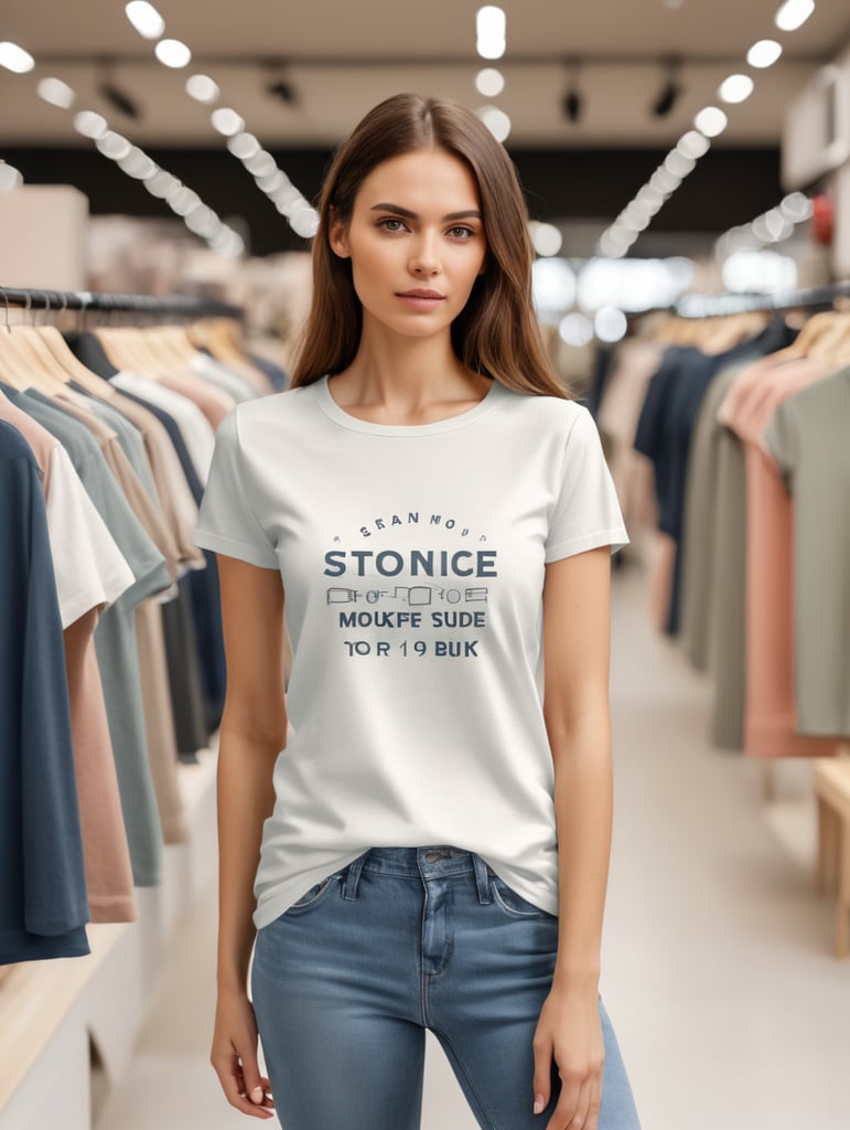 Woman wearing T-Shirt in Clothing Store Mockup