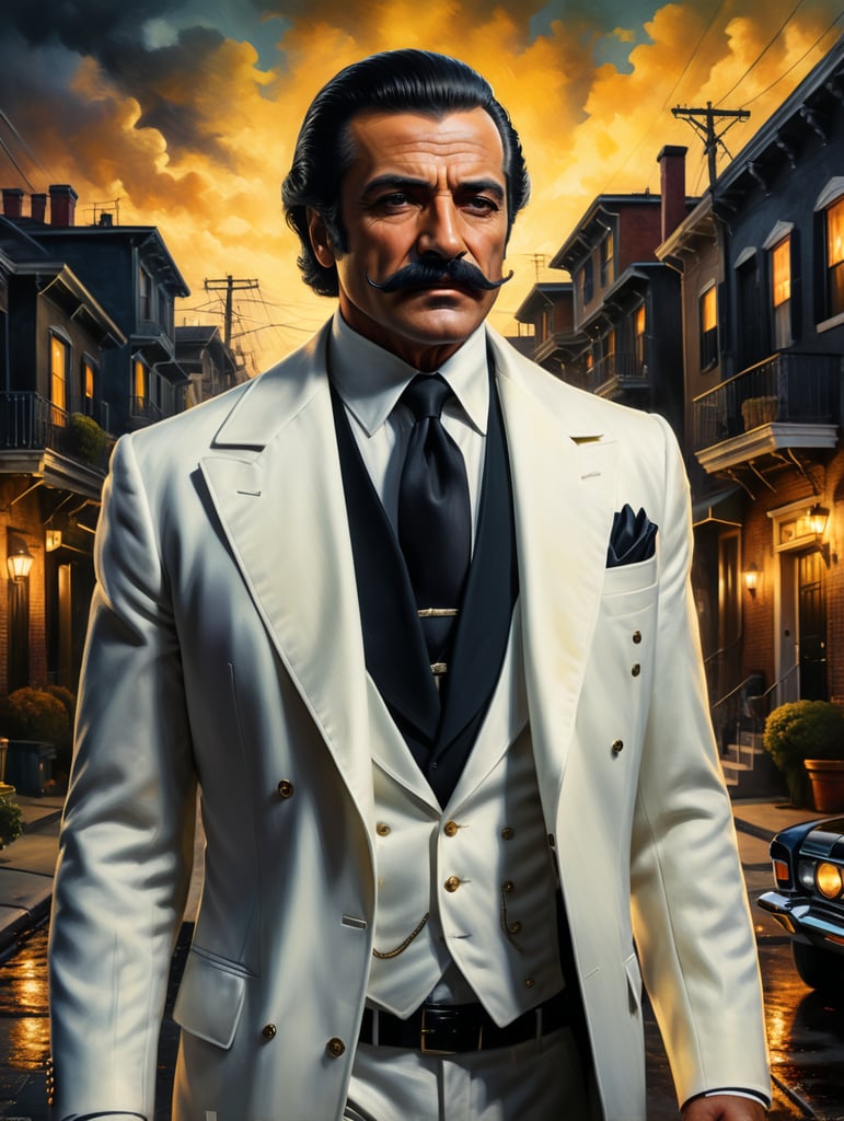 Portrait of an Italian mafioso from the 1970s, in a white suit with a black coat draped over his shoulders, a face with regular features, the Sicilian face of a 50-year-old mafioso with a neat black mustache in a white hat. In the background is the background of old American neighborhoods, highly detailed. Dramatic light. Correct features, front portrait photo.