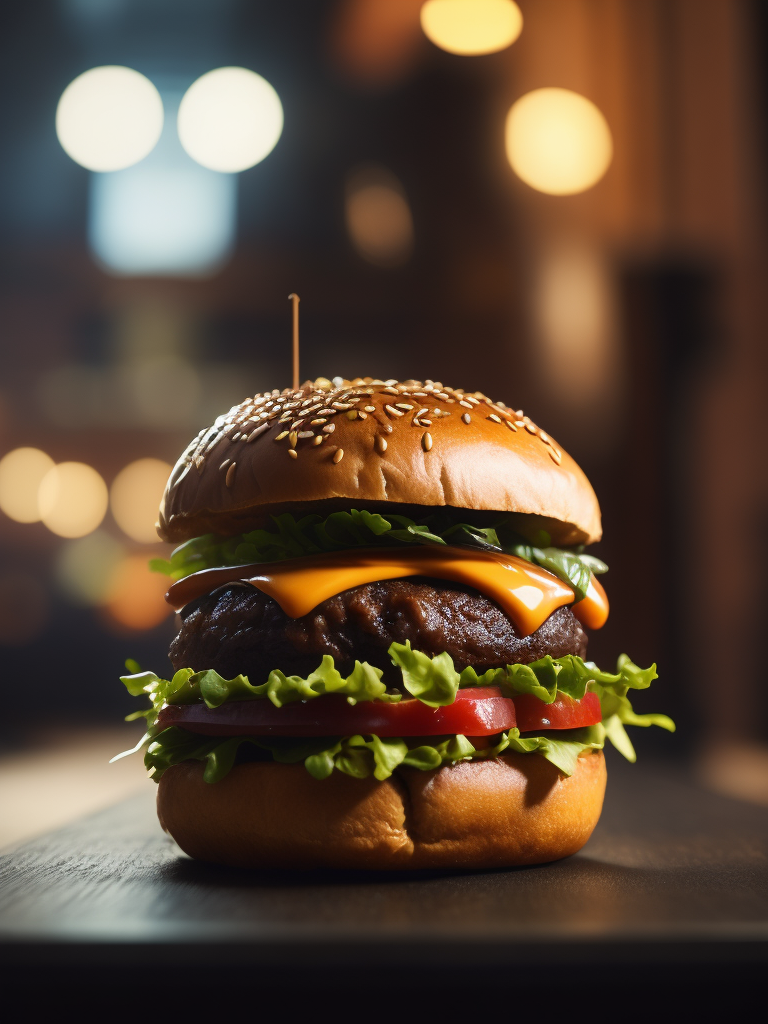 a burger, Cinematic, Editorial Photography, Photography, Shot on 70mm lens, Depth of Field, Bokeh, DOF, Tilt Blur, Shutter Speed 1 1000, F 22, White Balance, 32k, Super-Resolution