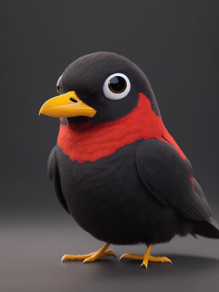 angry birds, black round bird on red background, standing centered in 3D style, rendered using beautiful Disney animation, Pixar style, Disney style, 3D style