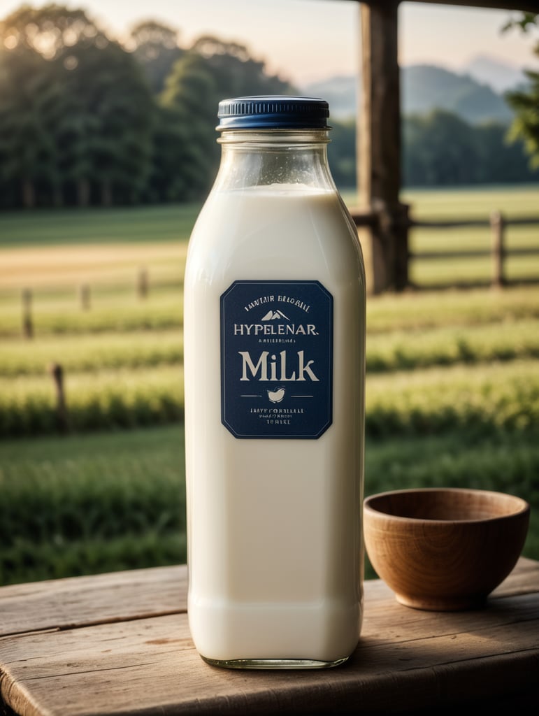 A mockup of a square bottle of milk, early morning, farm blurred background