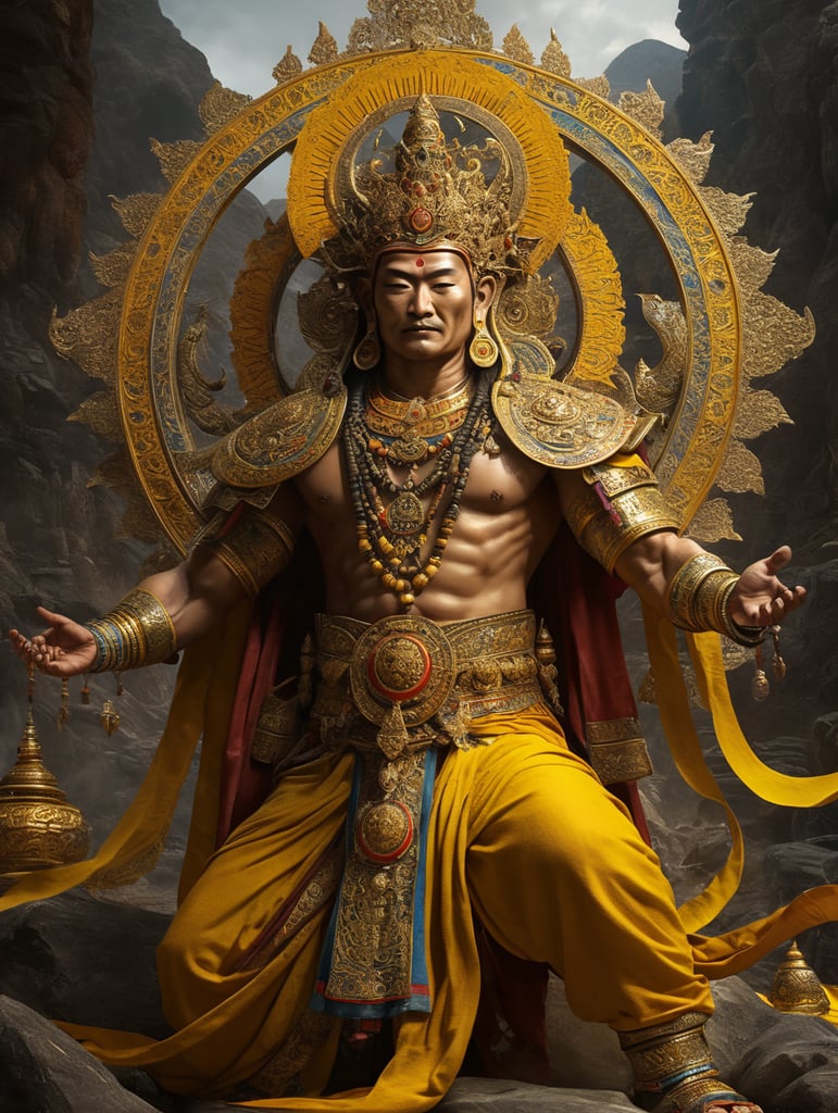 A full body portray of the Tibetan deity the Yellow Jambala, Ever majestic, serene, and bright.