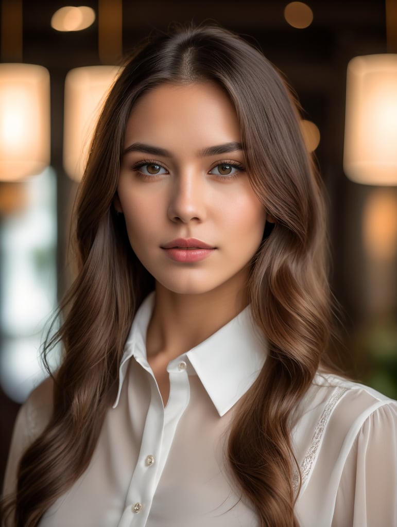 a beautyful girl,white blouse,collar up,long hair