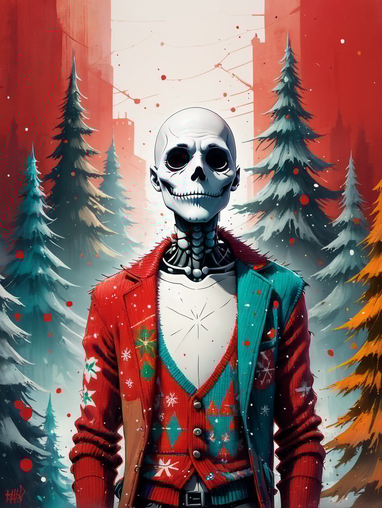 Jack Skellington standing wearing an ugly Christmas sweater red background