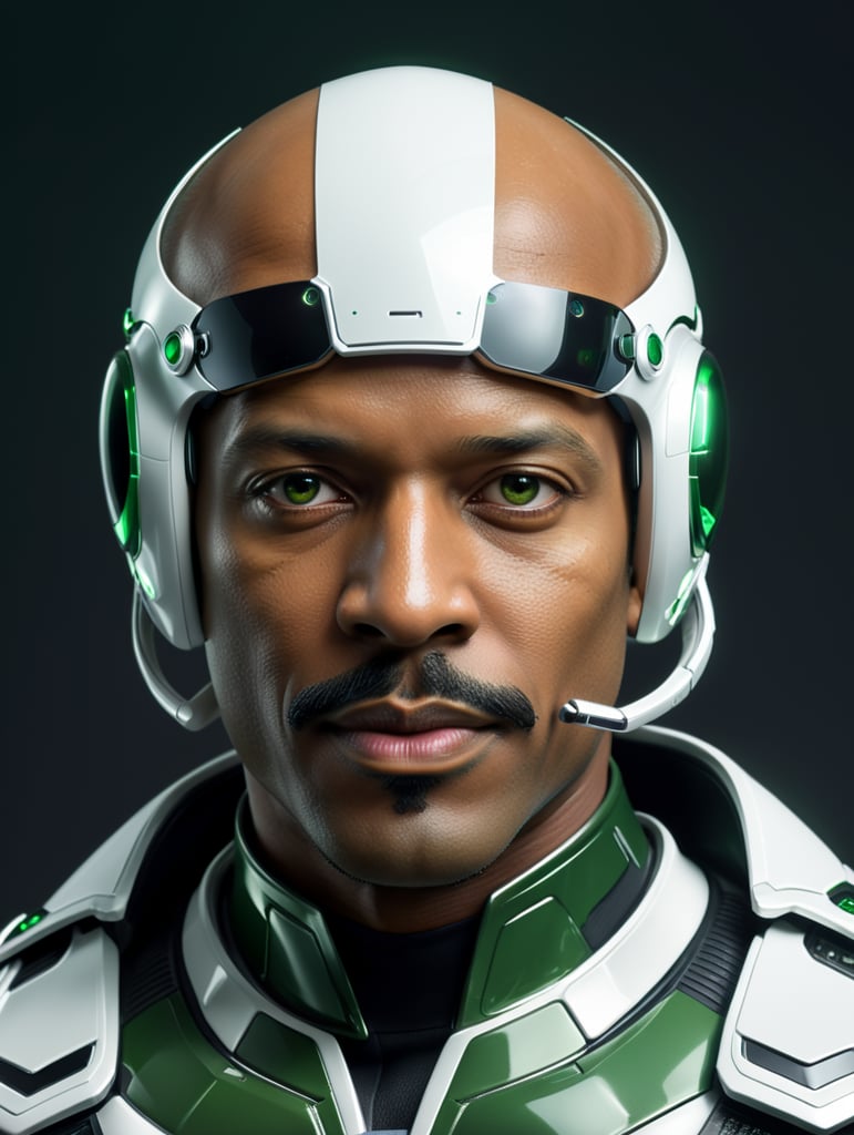 Bald black man, wearing white psvr2 , a gray goatee, black moustache, neutral smile, white and dark green futuristic cloth.