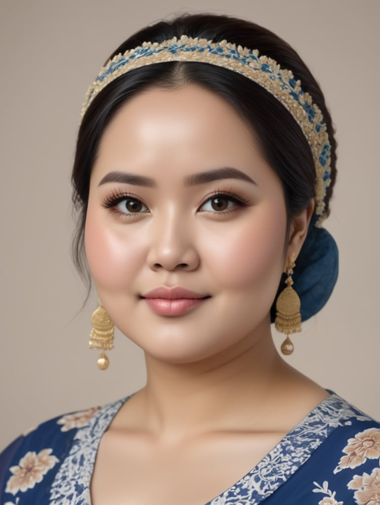 An Indonesian woman is slightly fat, chubby cheeks, flat nose, Slightly oval face shape,wearing a kebaya Blue ,No make up, white skin,Wearing a batik skirt