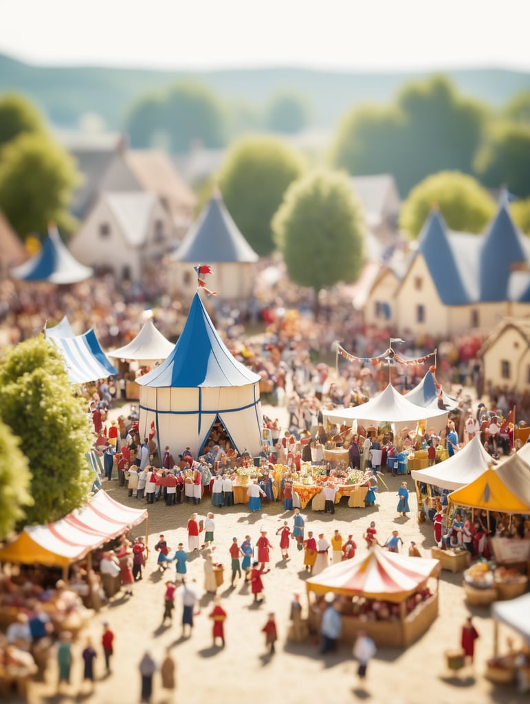 A medieval-inspired creative concept is depicted in a tilt-shift photograph capturing the joyful ambiance of a village fete and fair