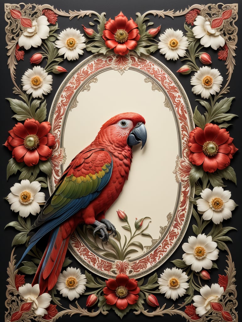 duochrome ink red on cream letterpress print of folk parrot and flowers ornate frame design, empty space in middle for text, in the style of William Morris