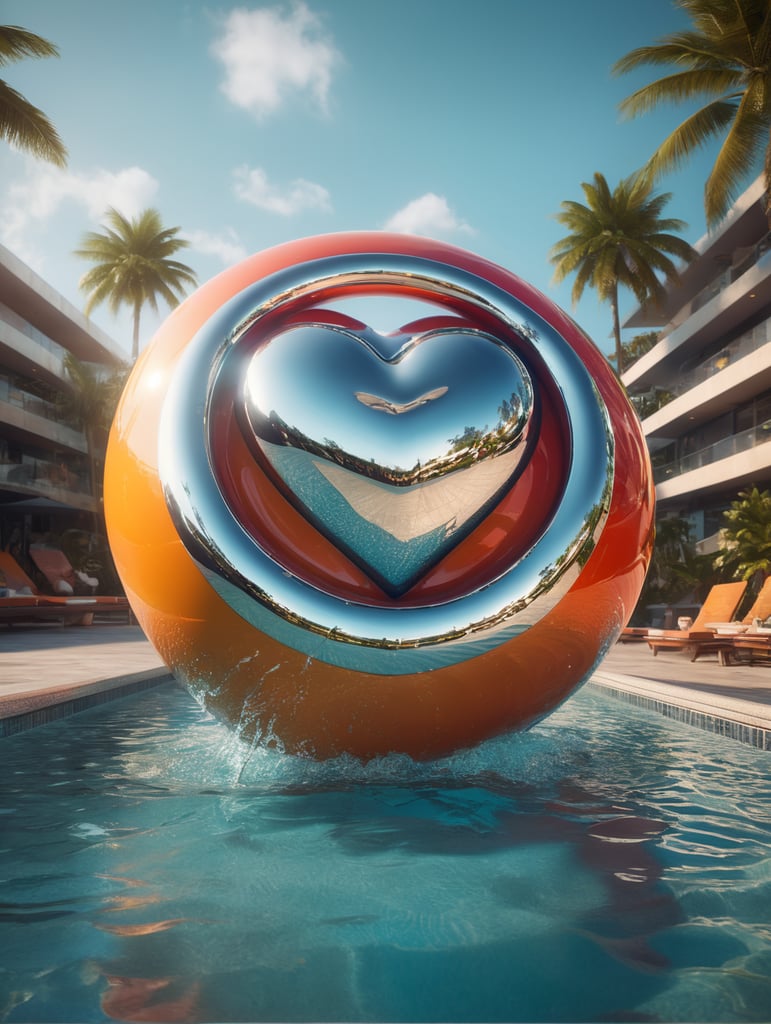 hyper realistic pool float in shape of chrome heart powerpuff logo, miami beach, unreal engine, octane render, cinematic lighting, highly detailed miami beach, y2k, bright colors, hyperrealistic, low angle, 16k, 8K UHD, 8K texture, cinematic, rim lighting, neon palette, color theory, dramatic, volumetric lighting, 35 mm, in focus, unreal engine, highly detailed, octane render, ultra high resolution