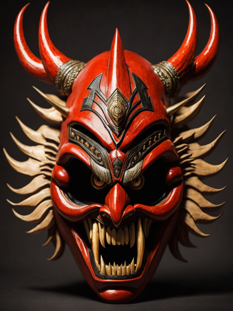 wooden red japanese demon mask with fangs and horns, black background, aggressive, Depth of field, Incredibly high detail