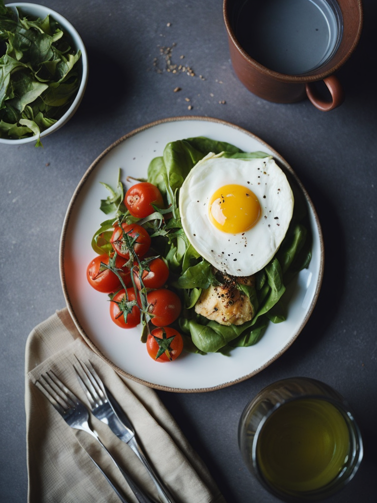 Gardas brokastis uz gaiša galda . šķīvī cepta ola , tomāti uz zaļie salāti. blabus šķīvim dakšiņa un nazis