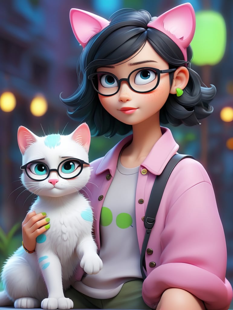 Premium AI Image, modern anime character of Chinese girl AI generated, neon, sunglasses, small cat, lizard