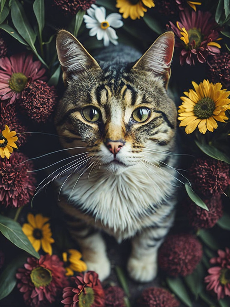 A cat is surrounded by flowers and flowers in a pile of them, looking up at the camera, a stock photo, conceptual art, photorealistic