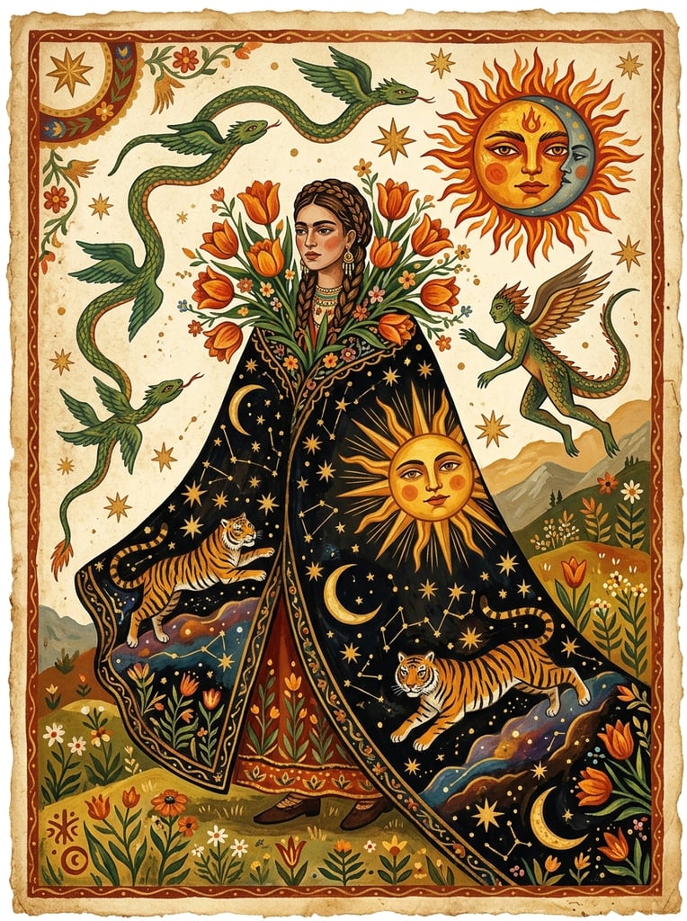 A surreal folk art illustration of a woman in a massive black cloak filled with painted tigers, stars, and a sun face. Lush orange tulips sprout from her collar against a textured parchment background containing flying green snakes, a fiery celestial face, and a leaping reptilian-human hybrid. Rendered in gouache with flat perspective and earthy warm tones.