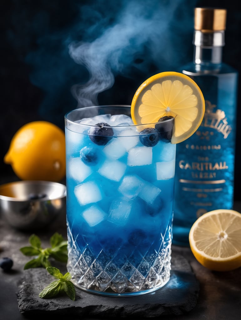 Cocktail blue mist with dehydrated fruit slices