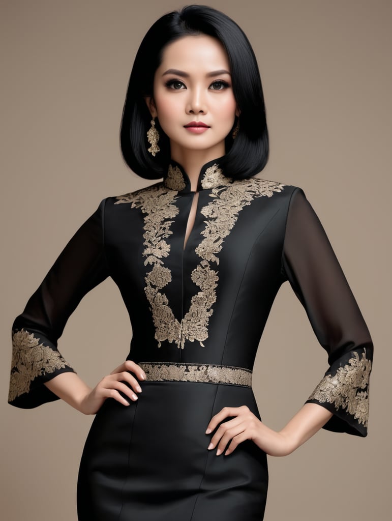 Perempuan berambut lurus hitam panjang sepinggang dengan kebaya hitam, berdagu lancip