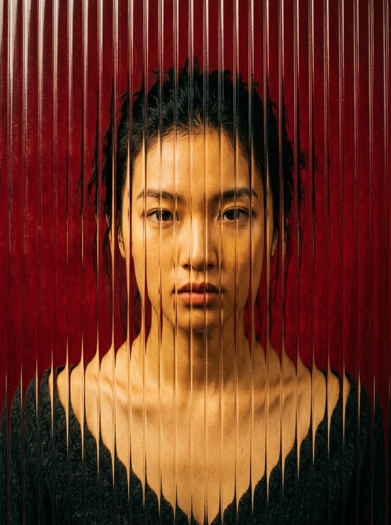 East Asian woman portrait seen through lenticular ribbed glass, dense vertical black distortion lines slicing across her features, intense neutral gaze, deep crimson red background, warm golden illuminated skin, bare collarbones, faint dark textured garment, centered symmetrical composition, high contrast optical illusion effect, avant-garde editorial photography