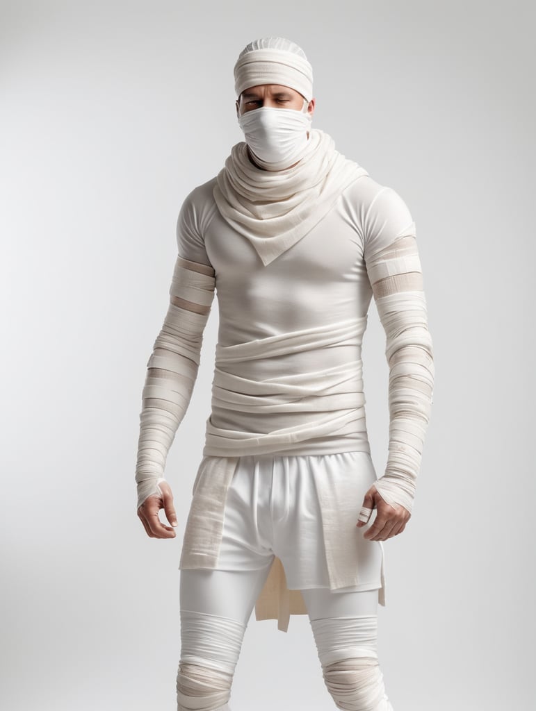 A photograph of man covered in bandages with his arms reached out with realistic style, white background, full body, show hands, show neck and head, standing front on