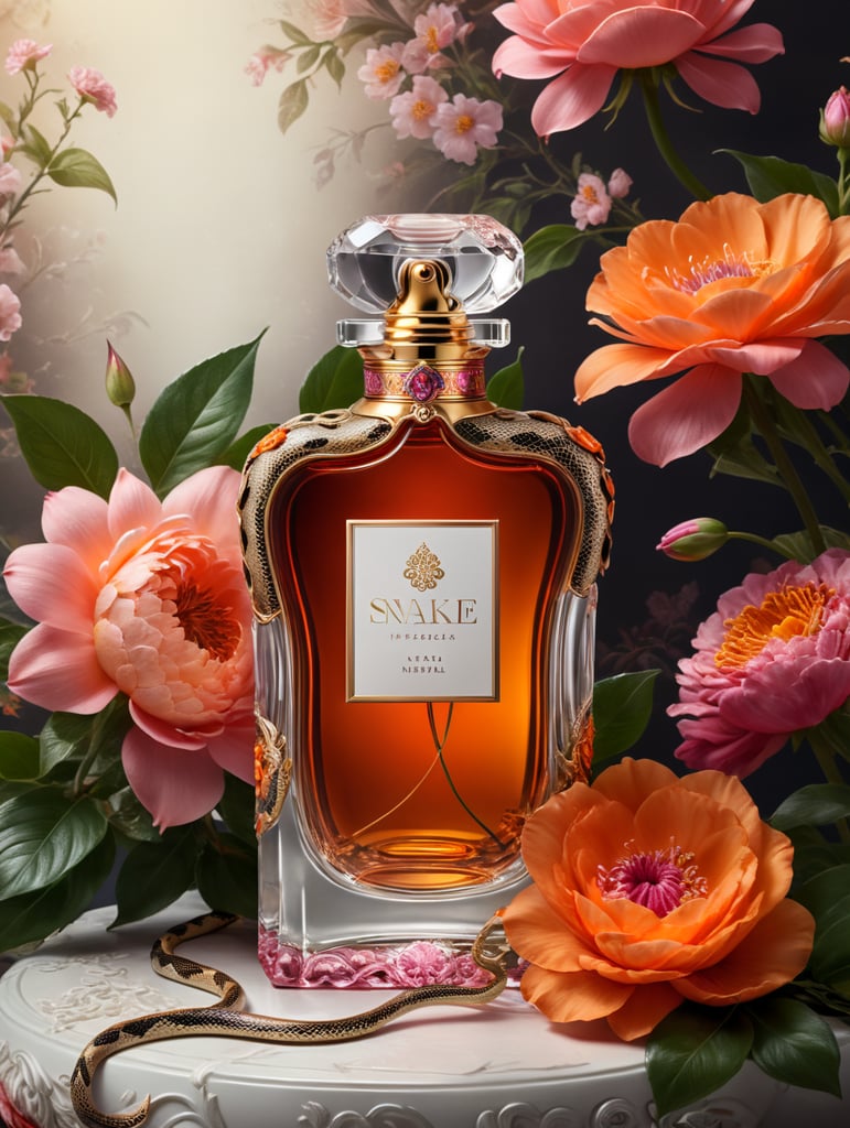 Luxury perfume bottle with blanc label, snake wrapped around the bottle, floral background, pink and orange flowers