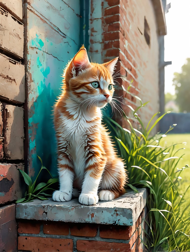 Ginger kitten sitting on top of a brick wall with a lawn underneath.