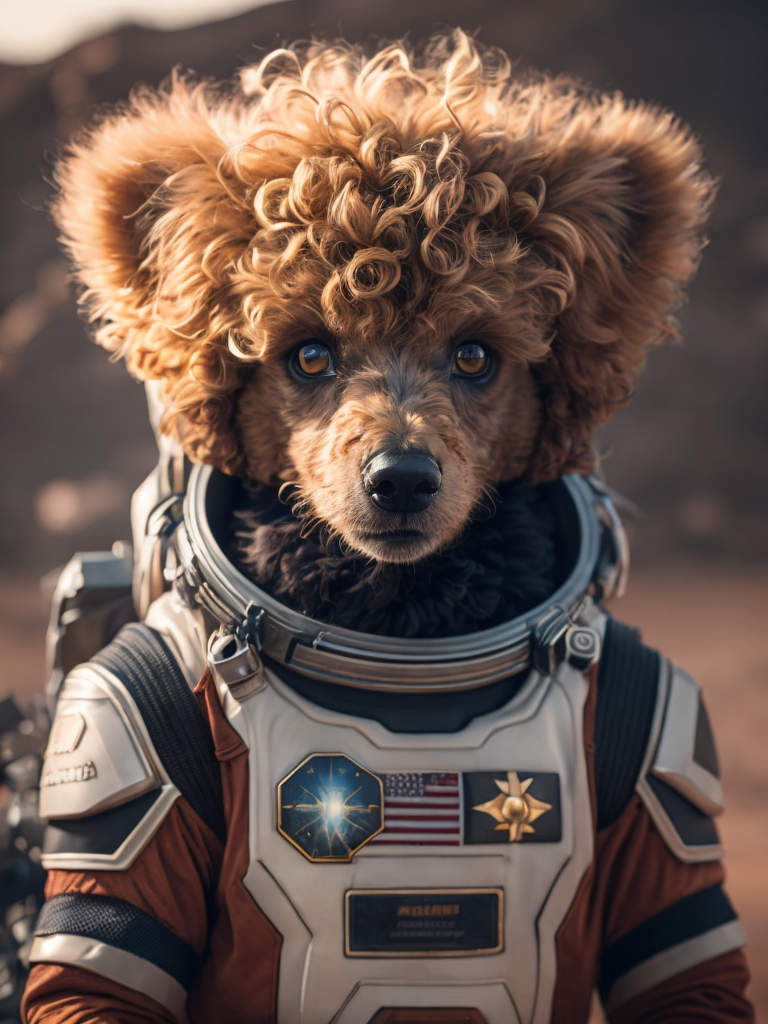 A curly poodle like a Rocket Raccoon from Guardians of the Galaxy wearing astronaut costume on the Mars