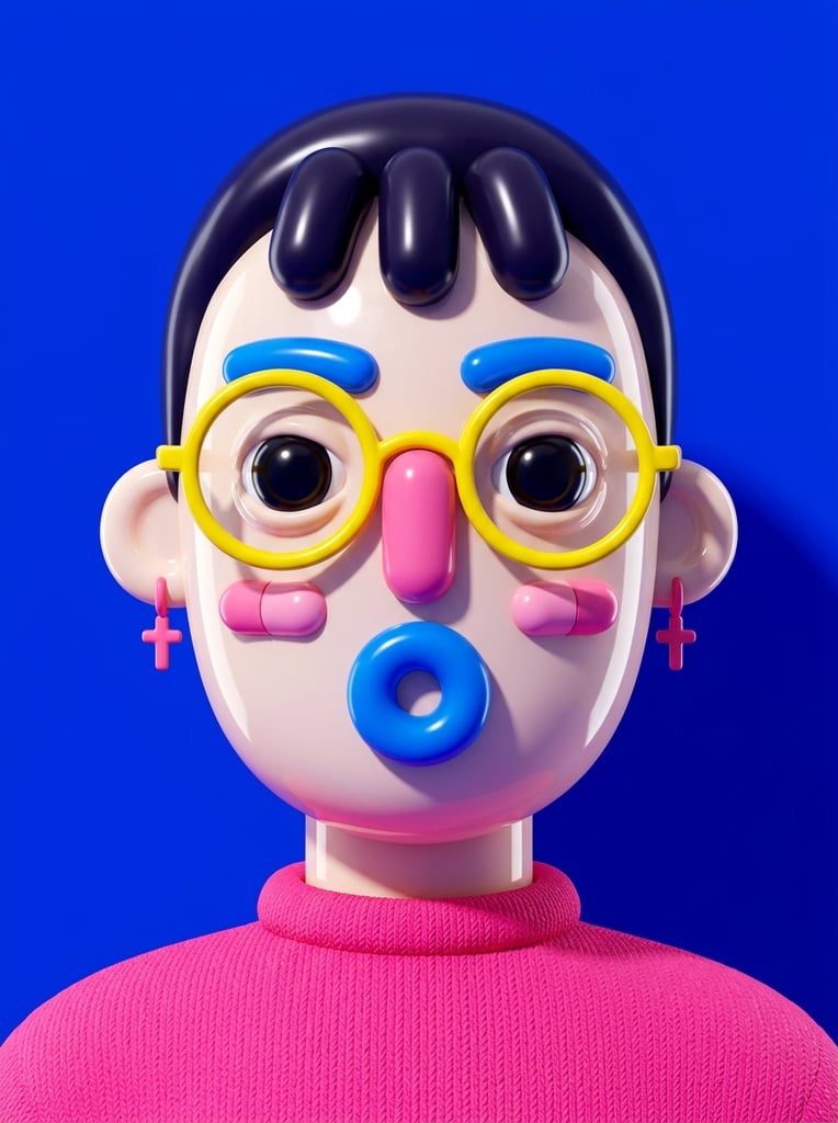 stylized 3D bust of a quirky character, glossy pale plastic skin, dark hair with three pill-shaped bangs, thick bright blue eyebrows, oversized yellow-rimmed glasses, large dark eyes, elongated pink pill-shaped nose, pink pill-shaped blush marks on each cheek, protruding blue donut-shaped mouth, pink cross-shaped earrings, matte textured hot pink sweater, solid vibrant royal blue background, vivid pop-surrealism design, extreme high-contrast color blocking, reflective facial elements contrasting with soft fabric, bright crisp studio lighting, sharp cast shadow