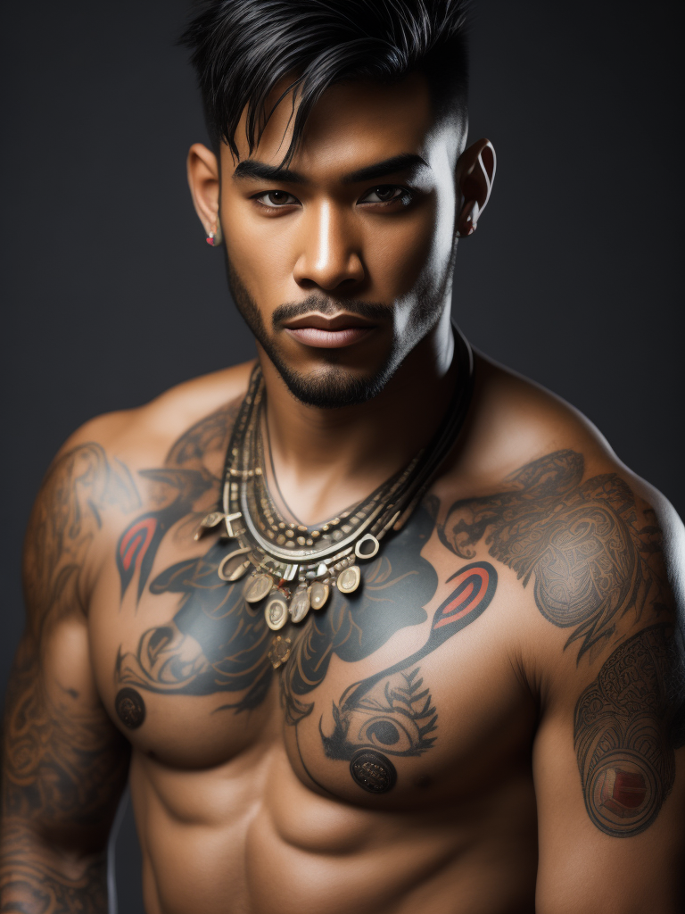 Portrait of a handsome indigenous male gang member, tattoo of a red bear on his chest, bright and saturated colors, elegant, highly detailed, vogue, fashion magazine, sharp focus, bright expressive makeup, dramatic lighting, depth of field, incredibly high detailed, blurred background'