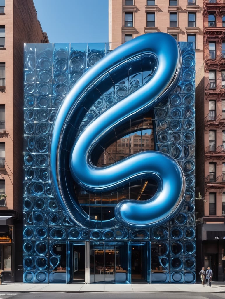 A futuristic neocosmic architectural facade of à Restaurant on the form of a musical note, in New York city, in blue glass, hyper realistic, hyper detailed, Nikon camera