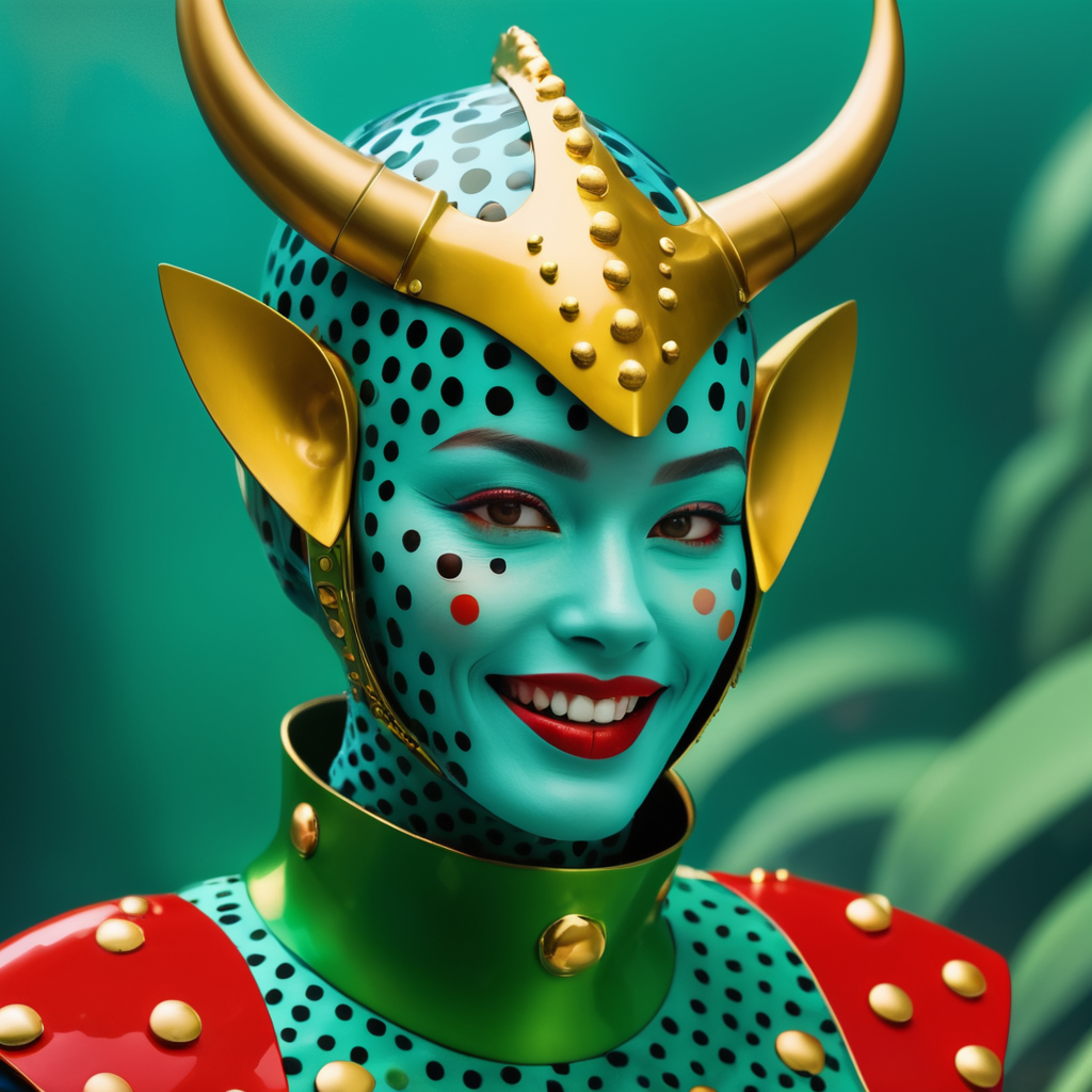 blue polka dot mask, mustard-brown horns, bright red lips, golden bangs, green high-collared outfit, surreal, futuristic, minimalist, wide grin, translucent skin, aquatic, comic page background