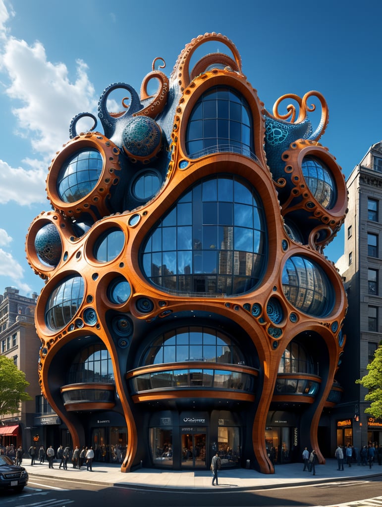 the craziest, bentwood, far view lens architectural modern style hyper realistic hyper detailed neocosmic exterior architecture design of a octopus Fluid complex facade, geometric shapes spectrum, black:2 blue:3, Antoine Blanchard architecture art style, in new York city, dramatic ambient, natural lighting