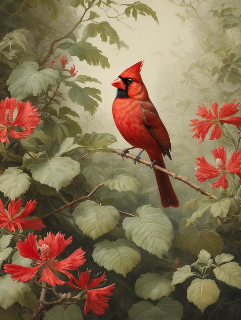 An Edwardian botanical oil painting, illustration of a red cardinal bird on a branch surrounded by flora and fauna