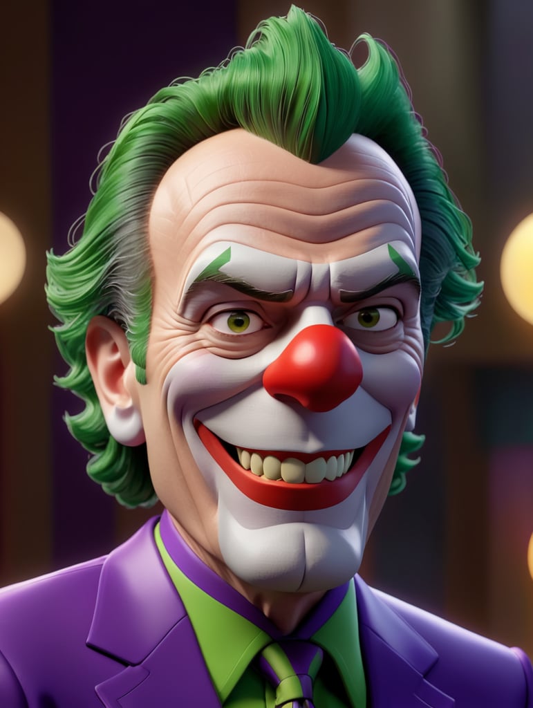 Bryan Cranston dressed as the Joker, bright and saturated colors, depth of field