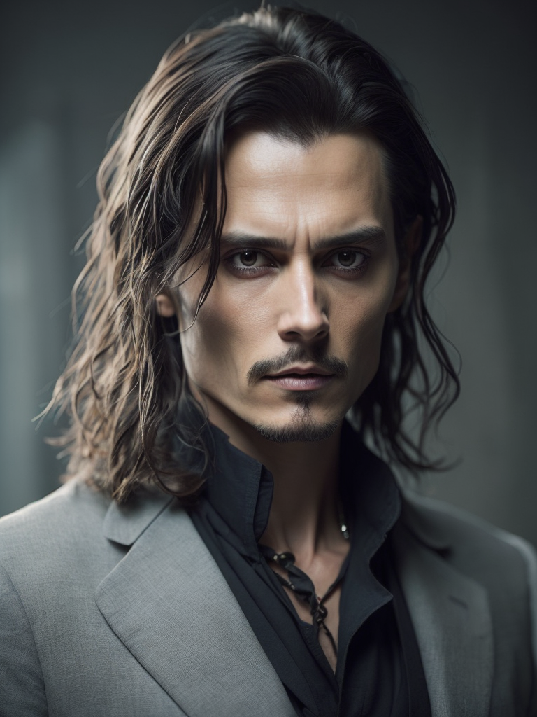 Portrait of Johnny Depp as Count Dracula, majestic look, long hair, he wears 18th-century style clothing, dark background, contrasting light, detailed face, muted tones