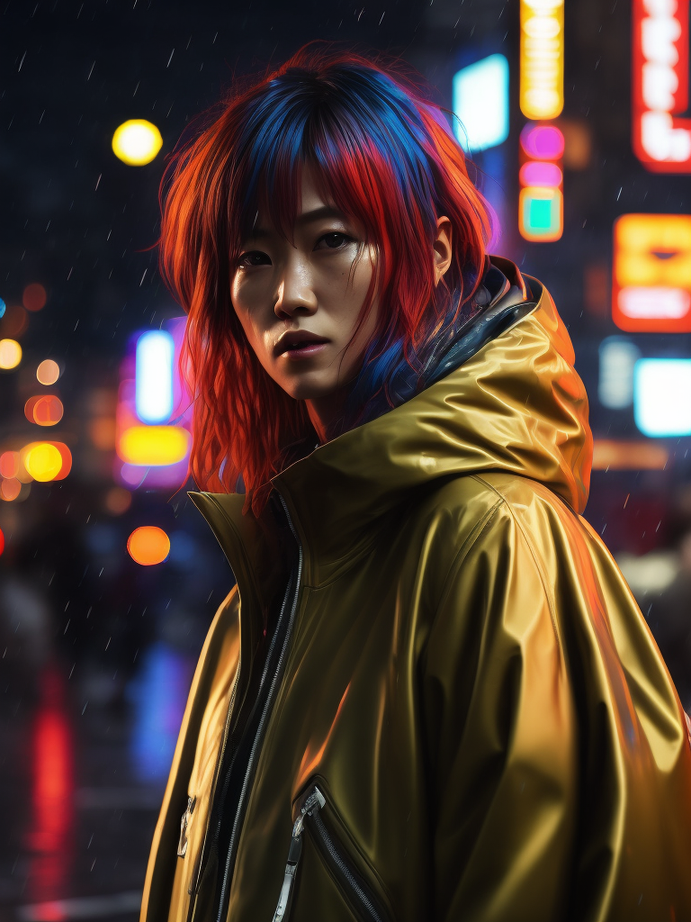Portrait of Kaori from akira wearing transparent raincoat, rainy neo tokyo photoshoot, cyberpunk, Vivid saturated colors, Contrast light, studio photo, professional photo, Detailed image, detailed face