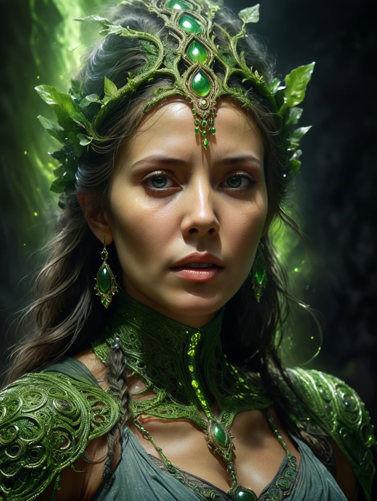 Portrait of a woman experiencing spiritual experience, wrapped green film