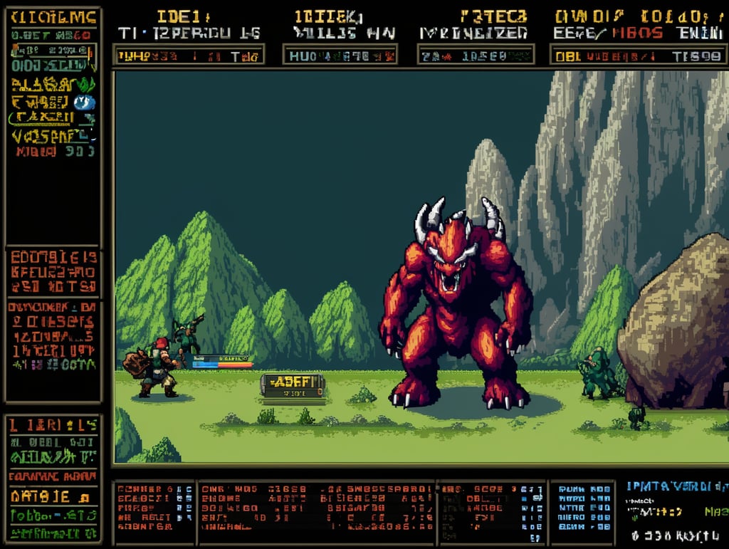 Pixelart, The data screen view of a rock Monster of an rpg game, showing attacks, habilities and stats, text, name,