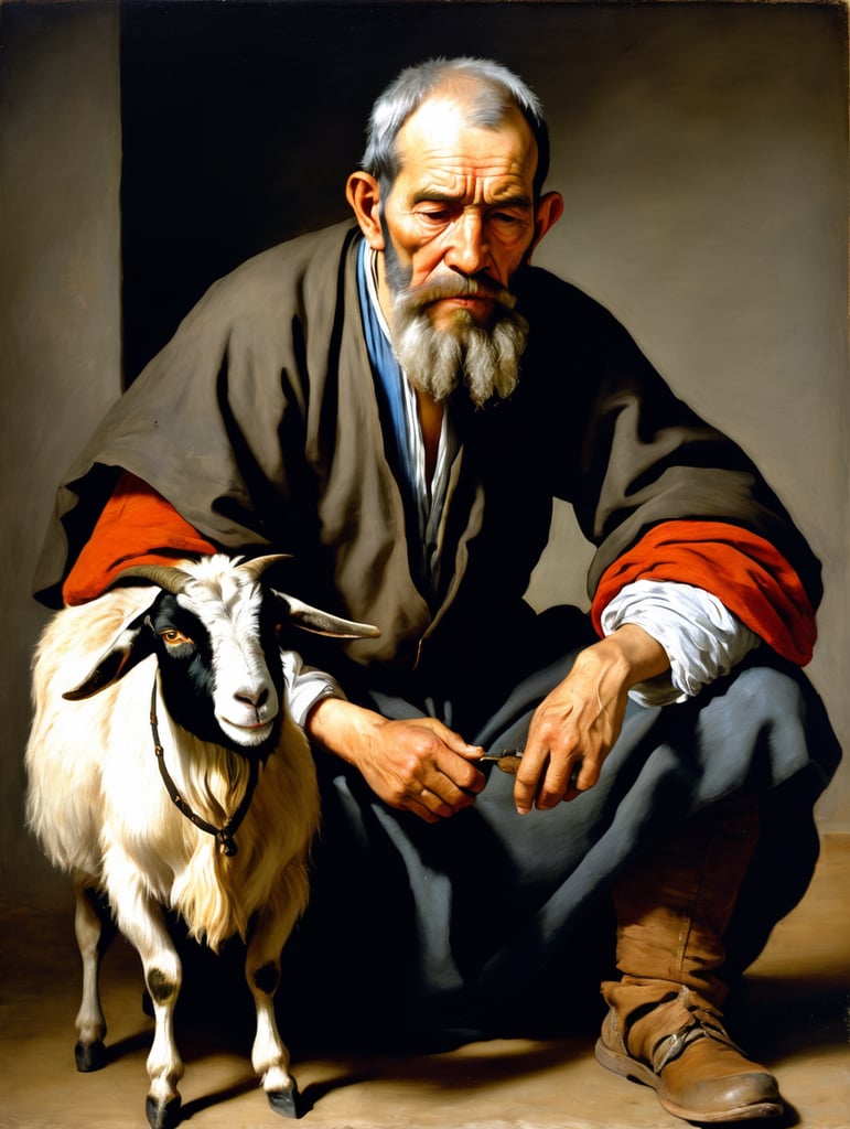 A masterpiece painting by Diego Velázquez, fullshot view of a bearded old man, suffering, the man does not want to pay high taxes and gives away his last goat