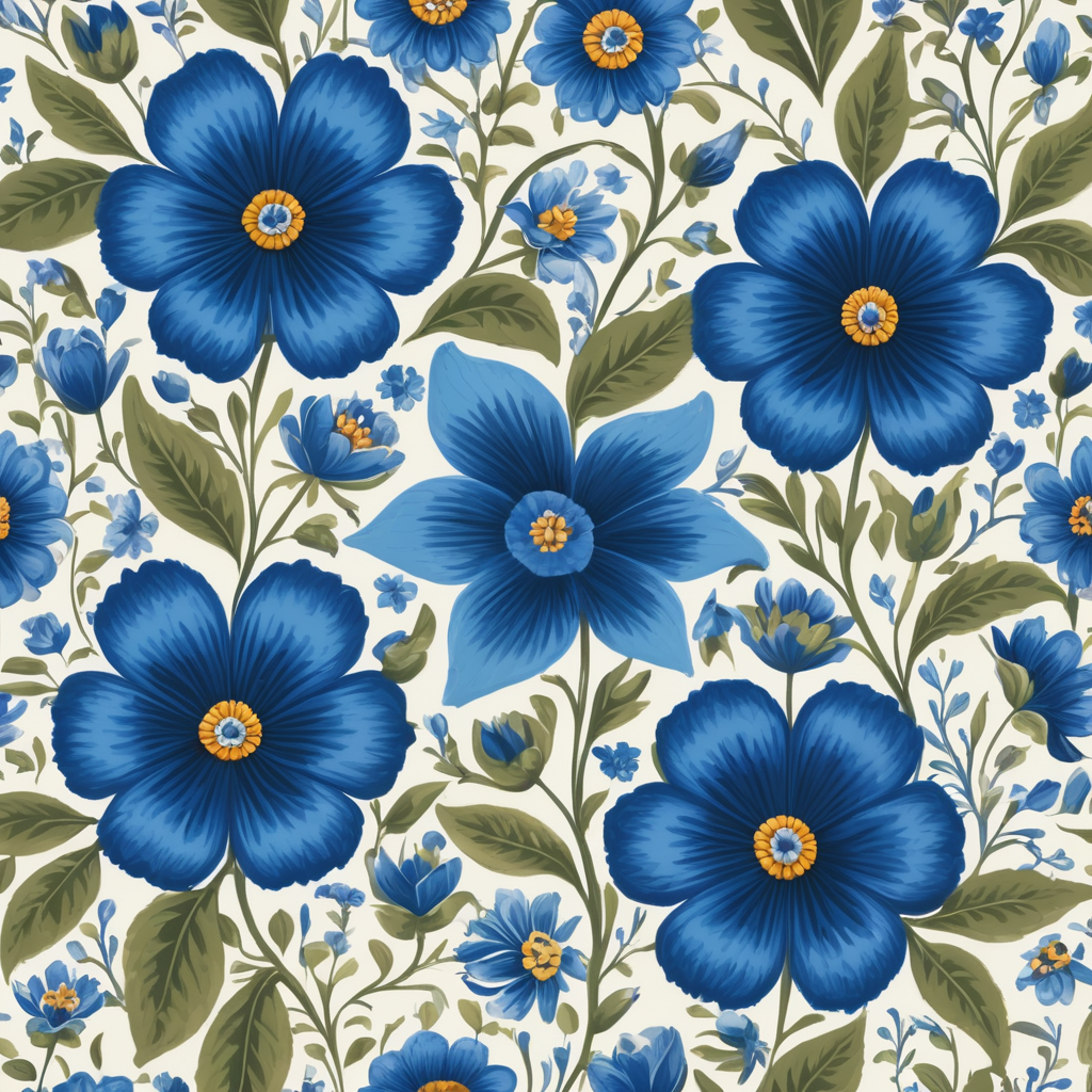 Seamless pattern beautiful floral pattern with blue flowers in the background, in the style of polish folklore motifs, juliana nan, mexican folklore - inspired, tivadar csontváry kosztka, clara peeters, texture exploration, blue color scheme, blue pallete, amoled, 264k render HD