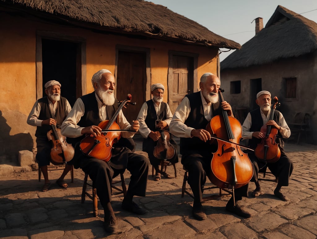 A Nostalgic Evening in the Shtetl, Late afternoon transitioning into early evening, Shtetl in Eastern Europe, Clear sky with a warm, golden sunset, Old Man playing a cello with deep emotion, Traditional Jewish attire including a kippah, Sitting on a wooden chair outside his home, Men dancing with fervor and playing instruments like violin, accordion, clarinet, Simple rustic clothing, Forming a circle around the old man, Children playing and dancing, On the outskirts of the circle, some imitating the adults, Women watching the scene, some clapping or singing, Traditional dresses, Standing near the homes, some peeking out of windows, Wide-angle shot, Sharp focus on the old man, softer focus on surrounding activities, Natural lighting from setting sun, casting long shadows and illuminating faces, High resolution, Joyful yet nostalgic