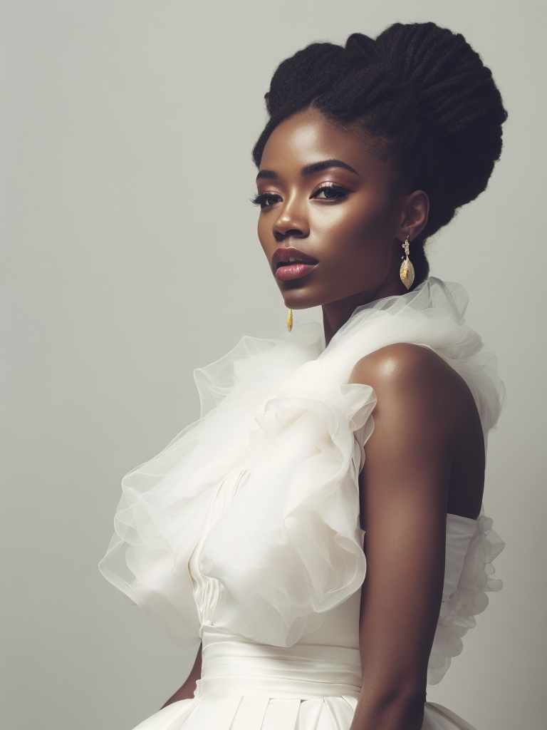 Portrait of a beautiful african american woman wearing a white wedding dress, by tran nguyen