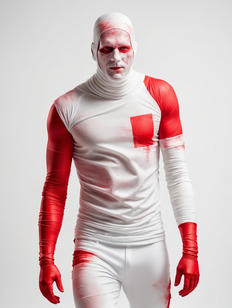 A photograph of man covered in red bandages with realistic style, halloween costume, white background, full body, show hands, show neck and head