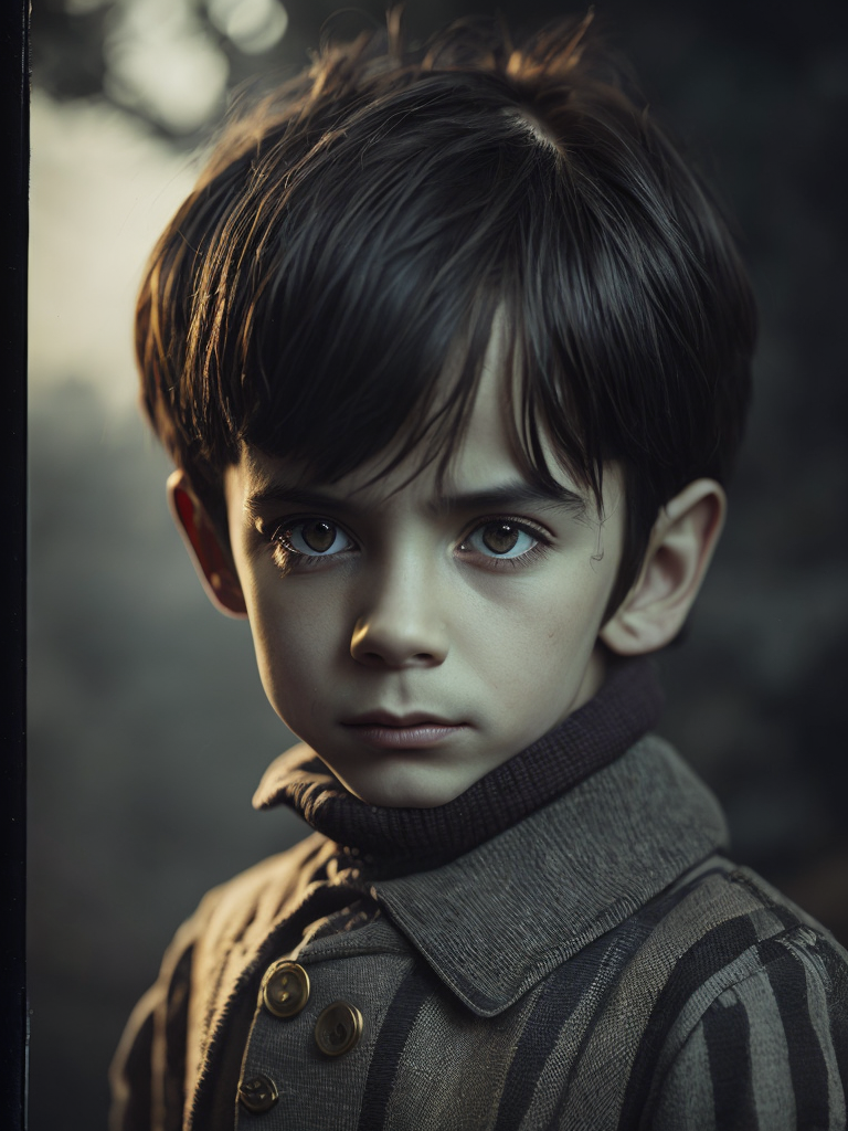 a wet plate photograph of a scary Pinocchio with dark bob haircut, neutral emotions on his face