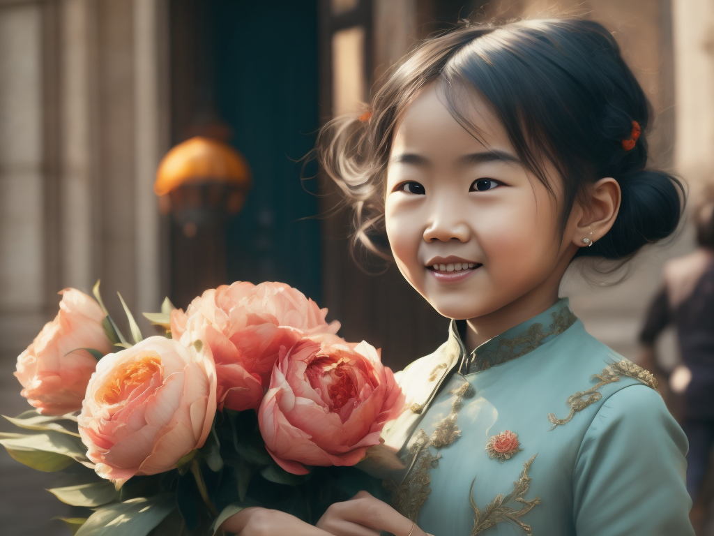 asian happy little girl in a victorian dress, selling flowers in 1930s Paris, street is visible, peonies, roses, lilies, soft pink and pastel cyan colours, cinematic style, hand coloured vintage photograph, sunny day, high resolution, sharp image