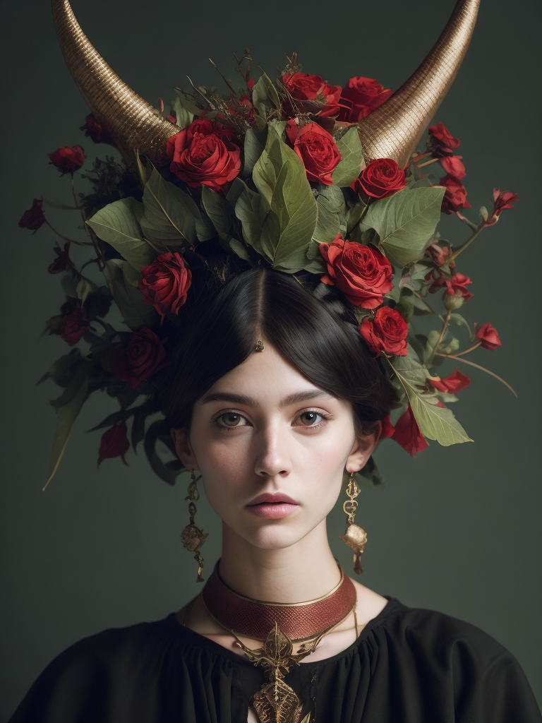 a girl wears a headdress with horns on it, in the style of hyperrealistic wildlife portraits, dark green and red, sofonisba anguissola, bess hamiti, medieval art, naturalistic depictions of flora and fauna, glen orbik